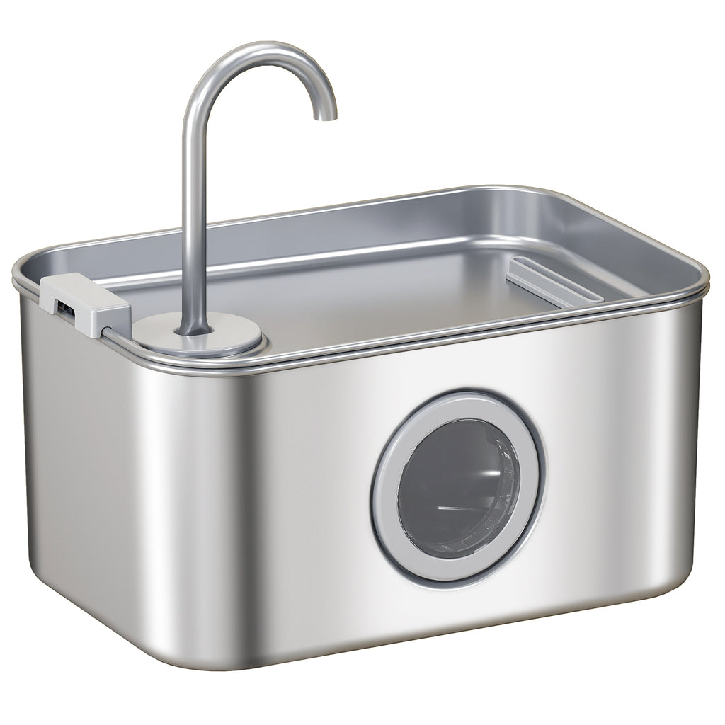 Stainless steel cat water fountain, front view