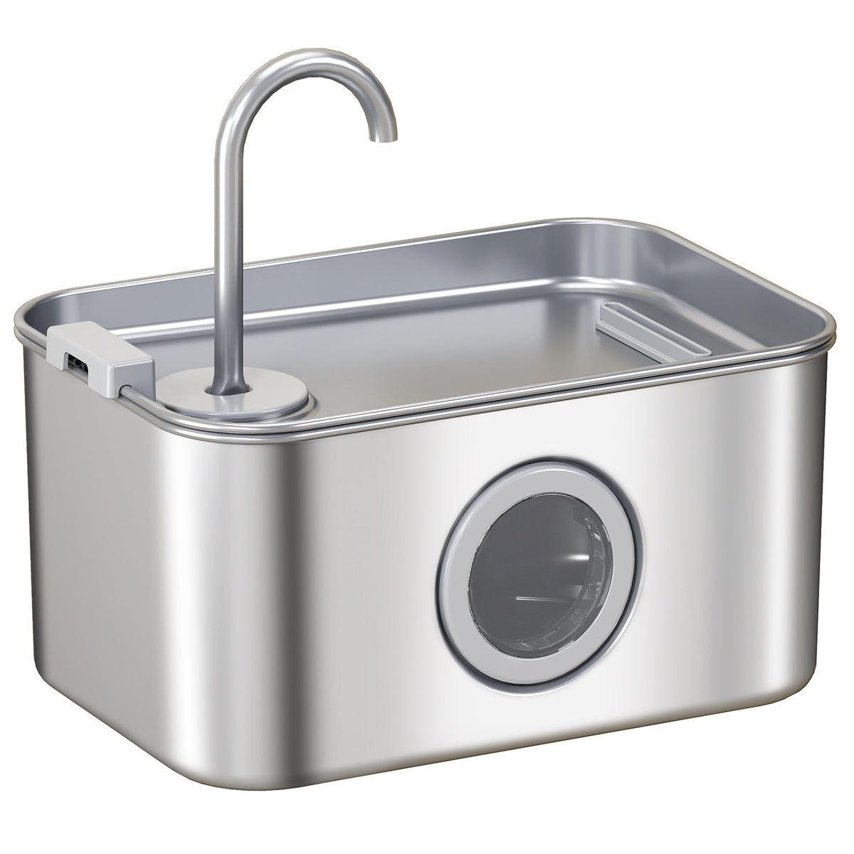 Stainless steel cat water fountain, front view