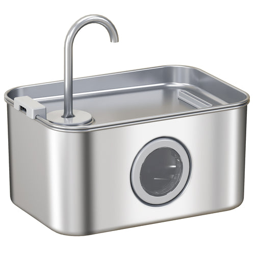 Stainless steel cat water fountain, front view