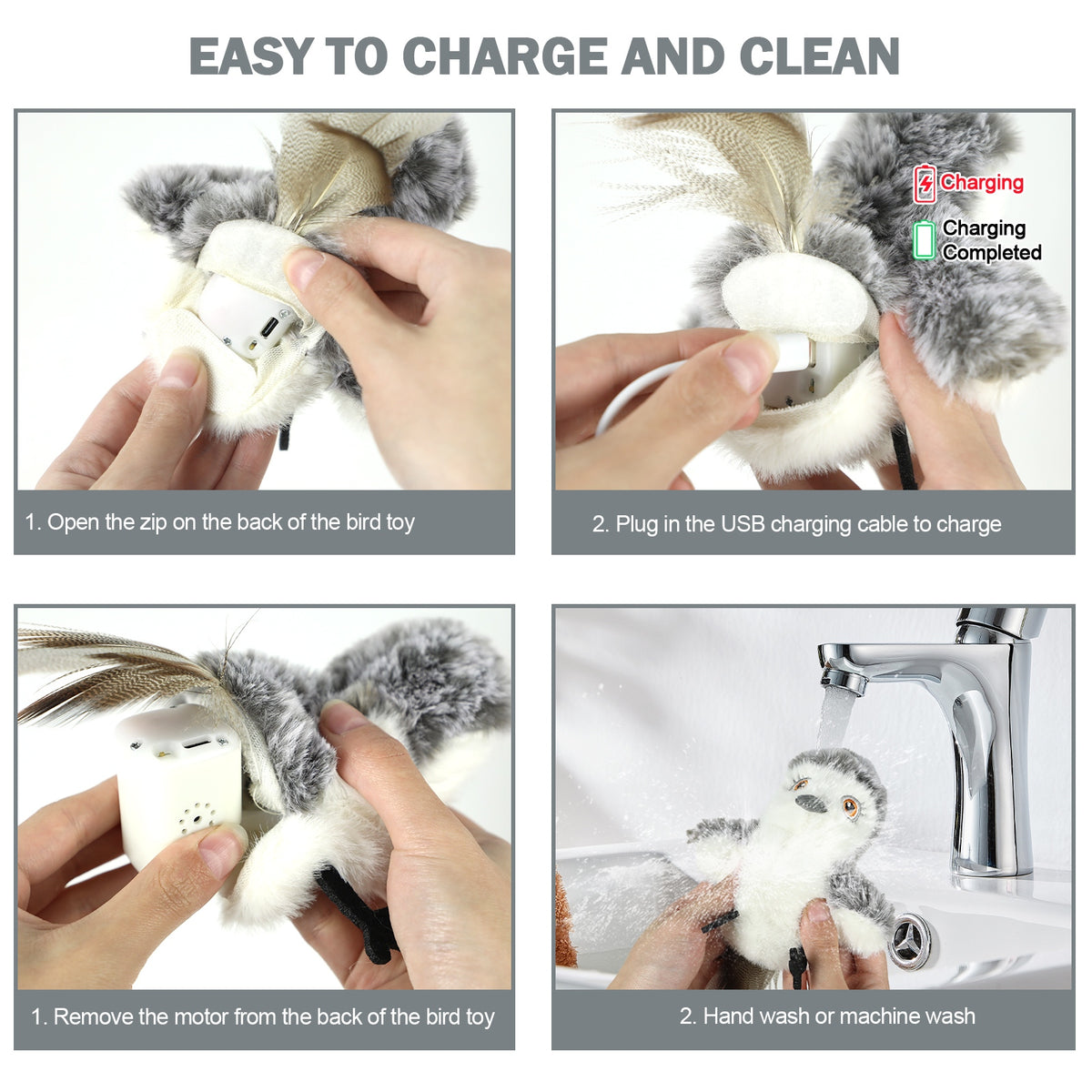 Flapping bird cat toy, realistic plush design